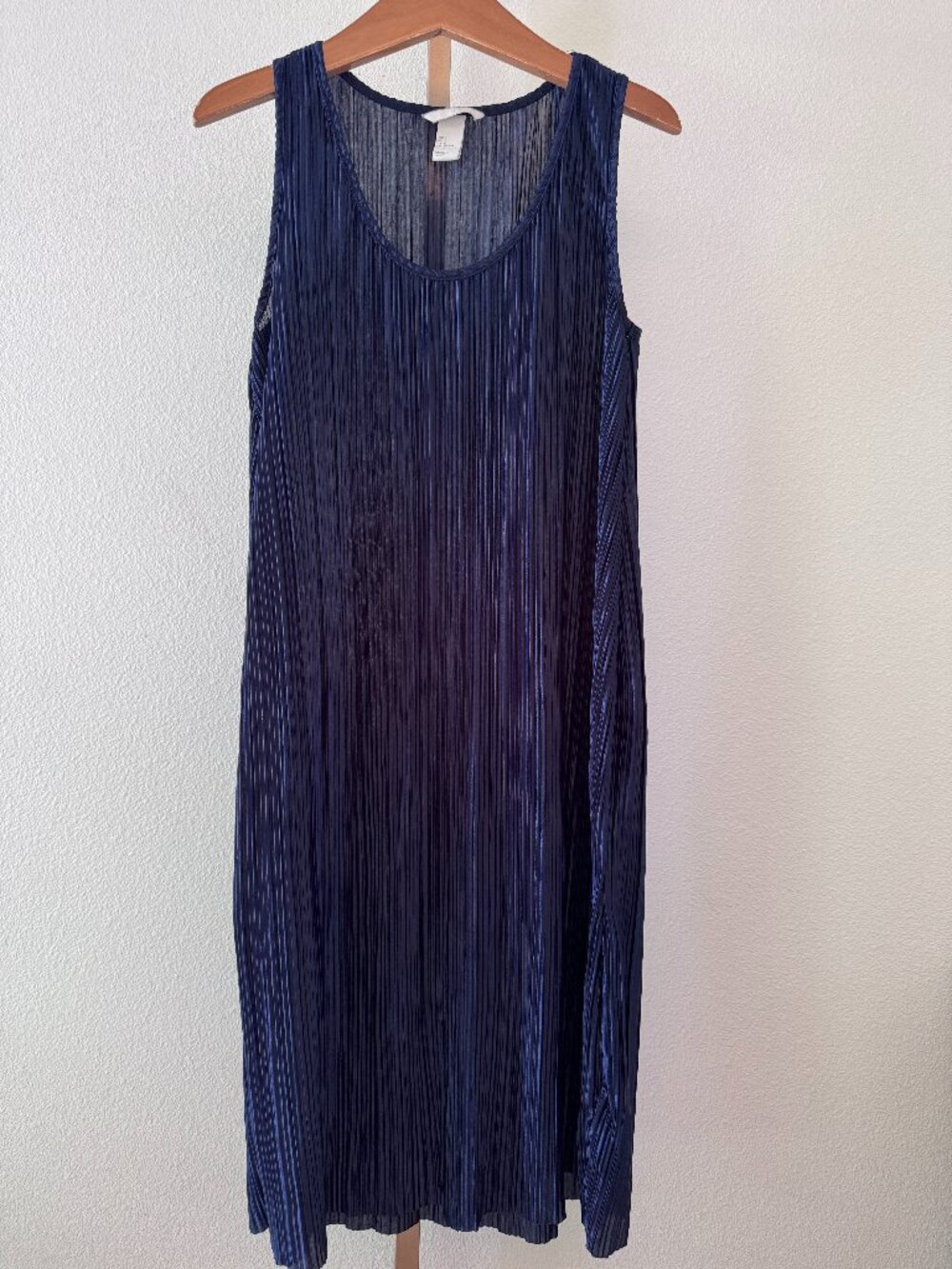 Navy Pleated Dress Sheer Elegant Cover Up Resort Wear Coastal Chic Minimal